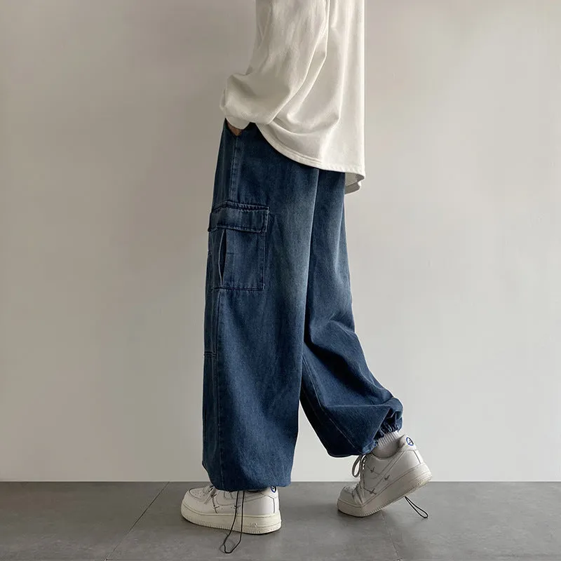 Riolio summer outfits men 2024 Washed Jeans Men's Spring and Autumn Retro Loose Wide-Leg Ruffle Handsome Straight High Street Overalls Pants