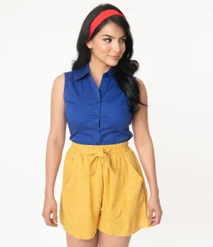 Royal Blue Sleeveless Collared Cotton Button Up Blouse