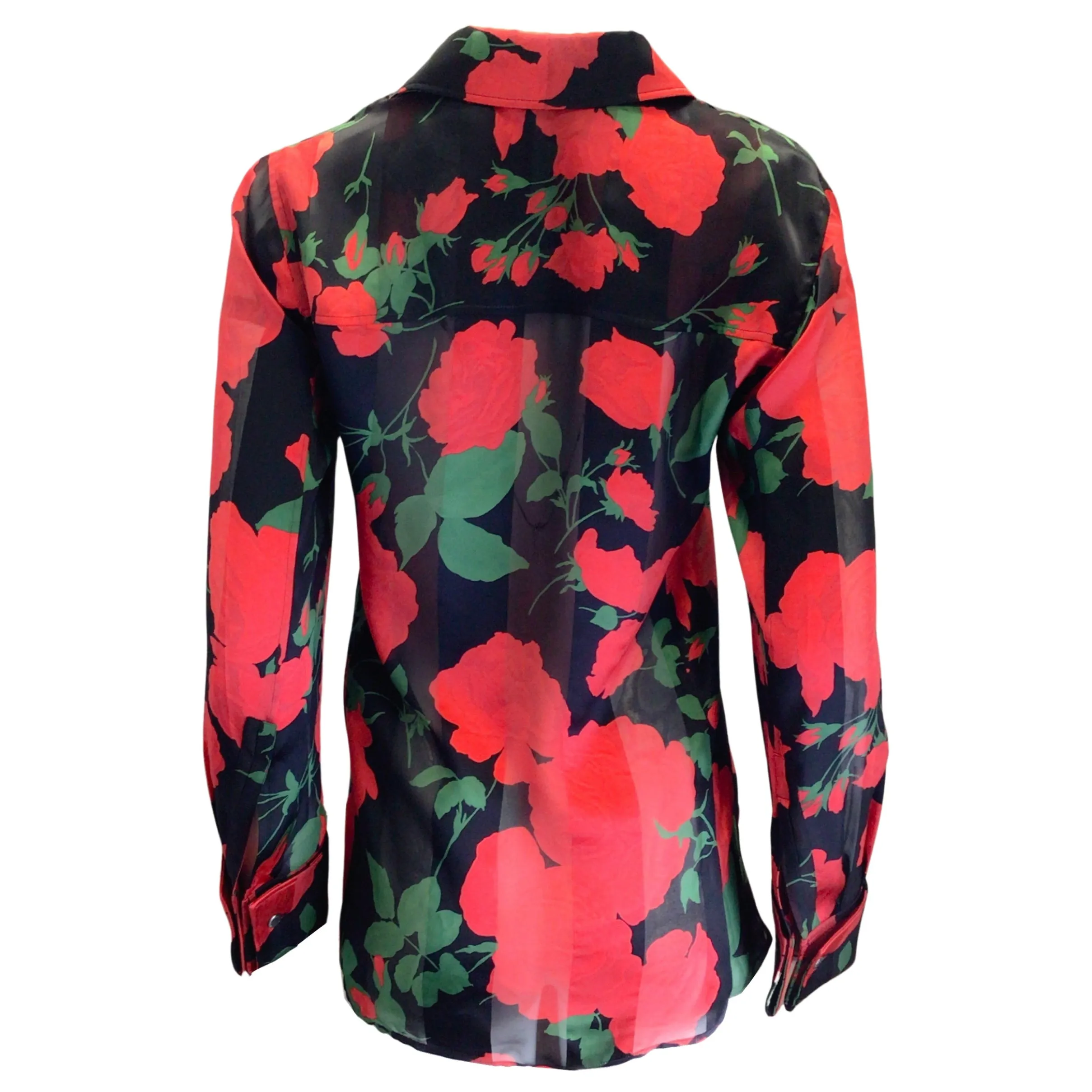 Saint Laurent Black / Red / Green 2022 Floral Rose Print Button-down Silk Shirt