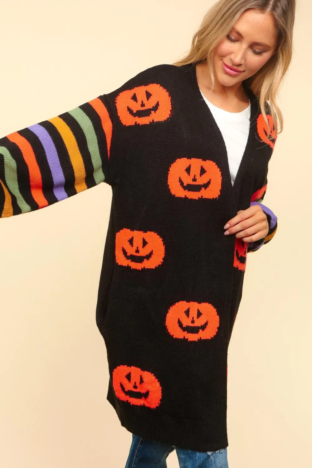 Stripe Sleeve Pumpkin Jacquard Cardigan