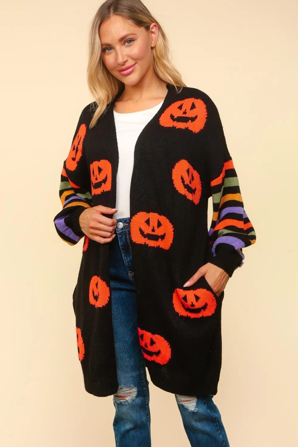 Stripe Sleeve Pumpkin Jacquard Cardigan