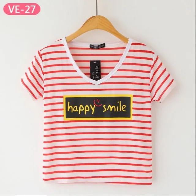 Striped Crop Top Printed Loose Short Sleeve Tees