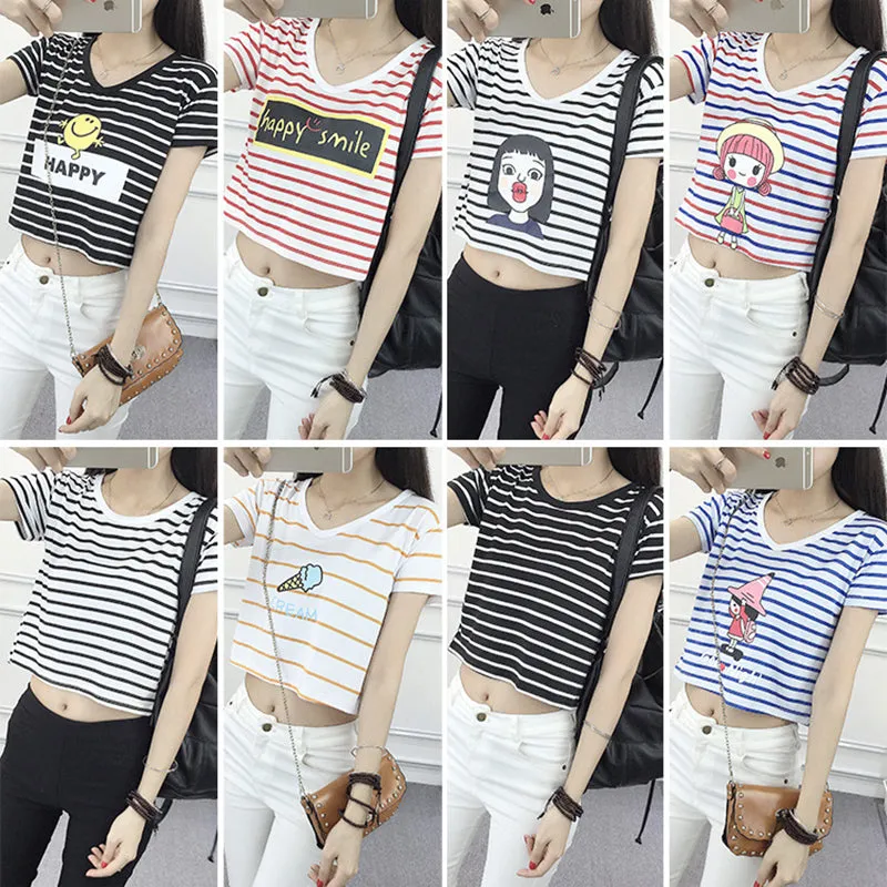 Striped Crop Top Printed Loose Short Sleeve Tees