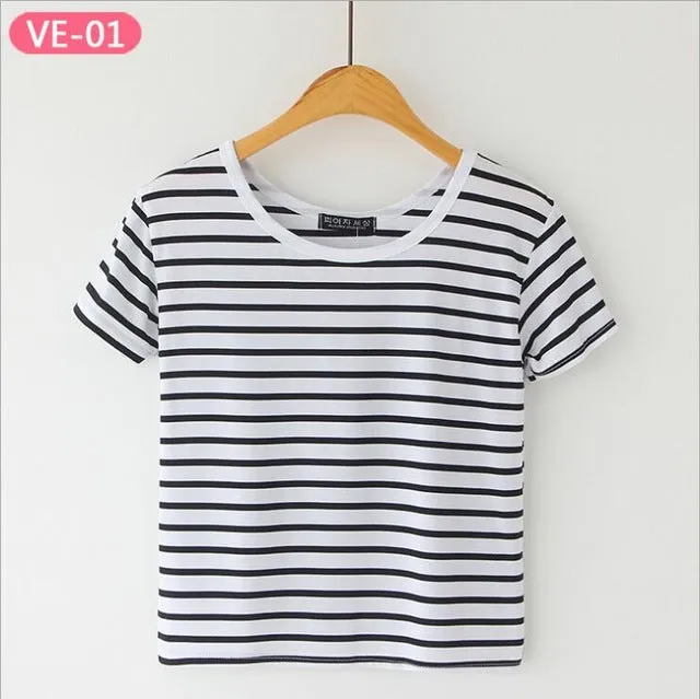 Striped Crop Top Printed Loose Short Sleeve Tees