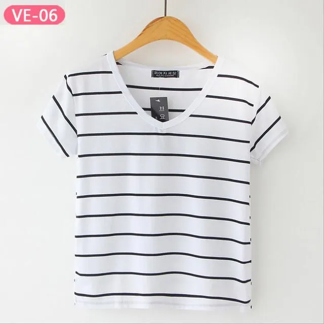 Striped Crop Top Printed Loose Short Sleeve Tees