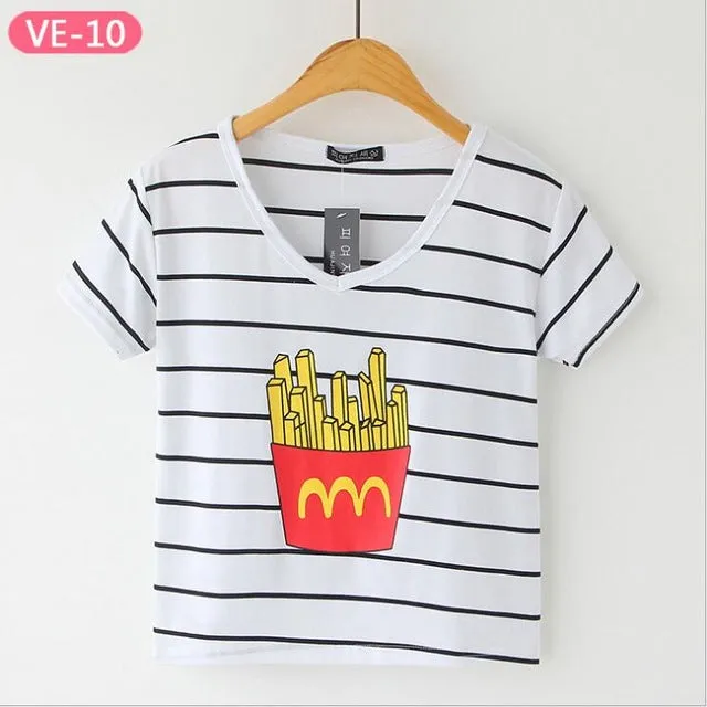 Striped Crop Top Printed Loose Short Sleeve Tees