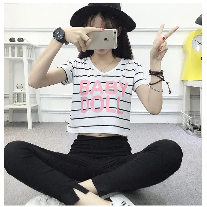 Striped Crop Top Printed Loose Short Sleeve Tees