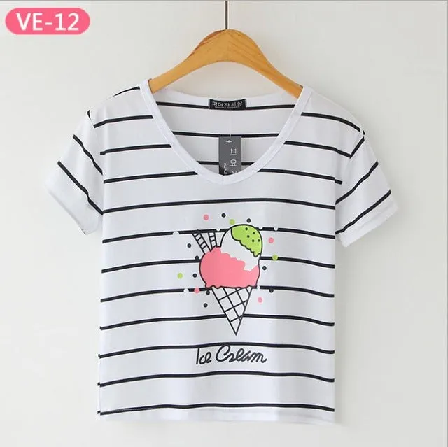 Striped Crop Top Printed Loose Short Sleeve Tees