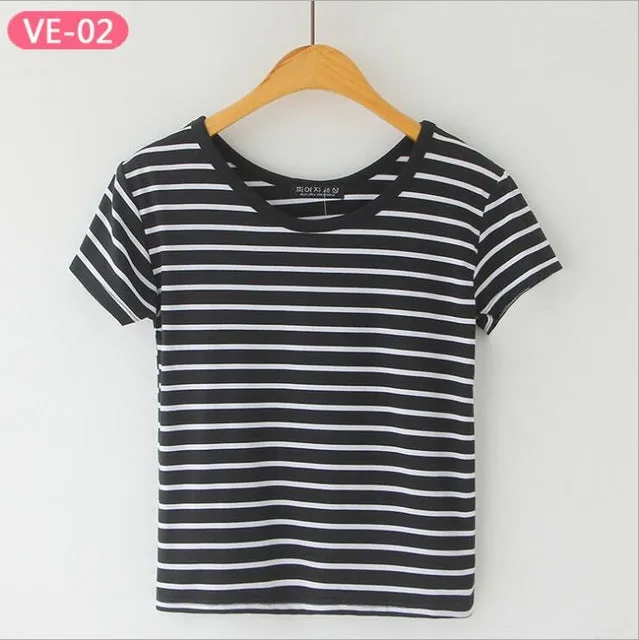 Striped Crop Top Printed Loose Short Sleeve Tees