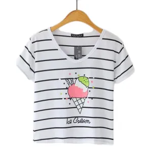 Striped Crop Top Printed Loose Short Sleeve Tees