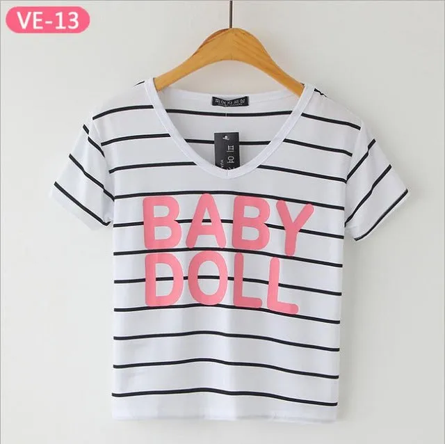 Striped Crop Top Printed Loose Short Sleeve Tees