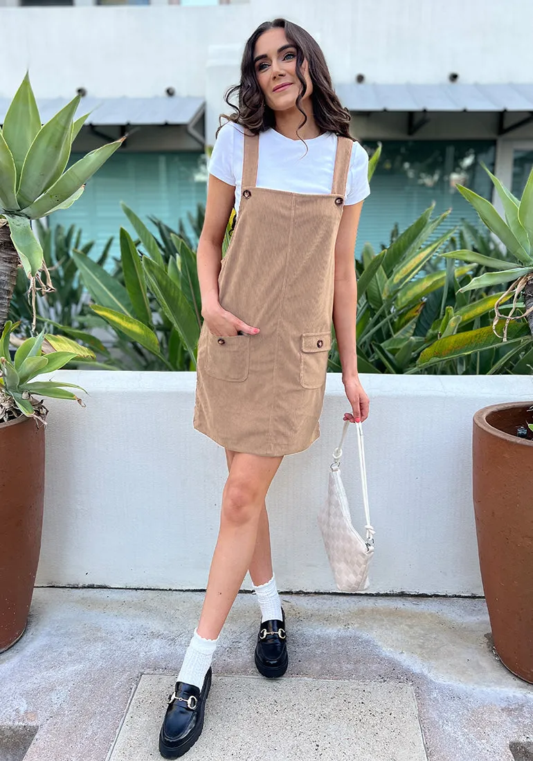 Toasted Almond Women's Fashion Adjustable Straps Corduroy Overalls Pinafore Short Dresses