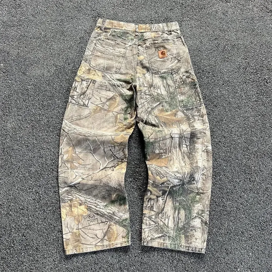 Toleet Baddie Winter/Autumn Outfits 2024 Washed Camouflage Pants Branch Men's American Style Wide Leg Loose Straight Denim Pants