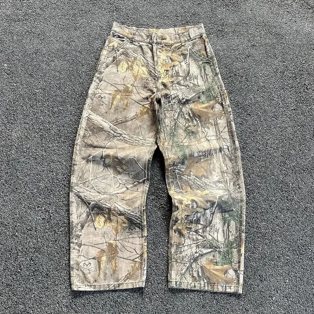 Toleet Baddie Winter/Autumn Outfits 2024 Washed Camouflage Pants Branch Men's American Style Wide Leg Loose Straight Denim Pants