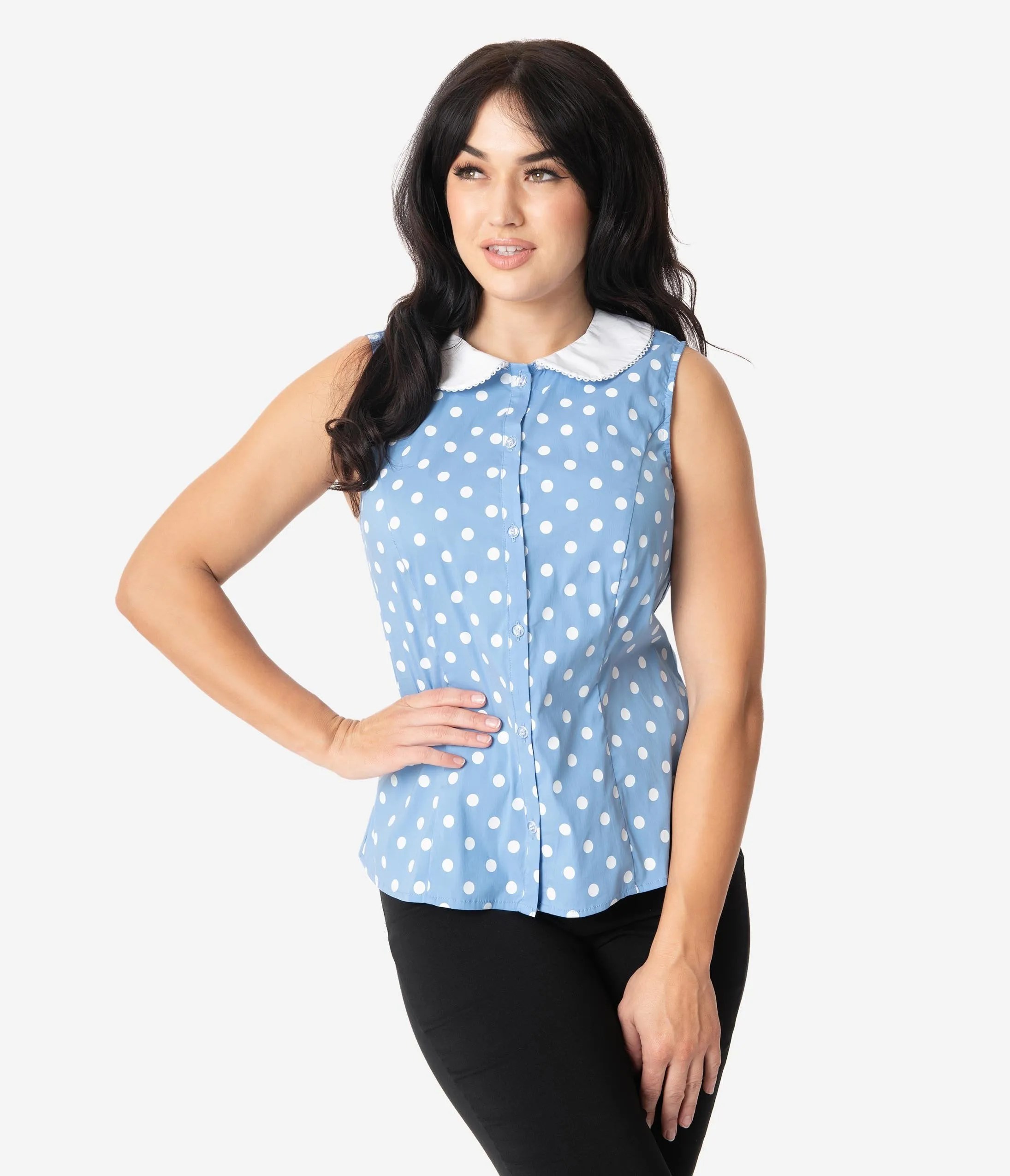 Unique Vintage Light Blue & White Polka Dot Tuscadero Top