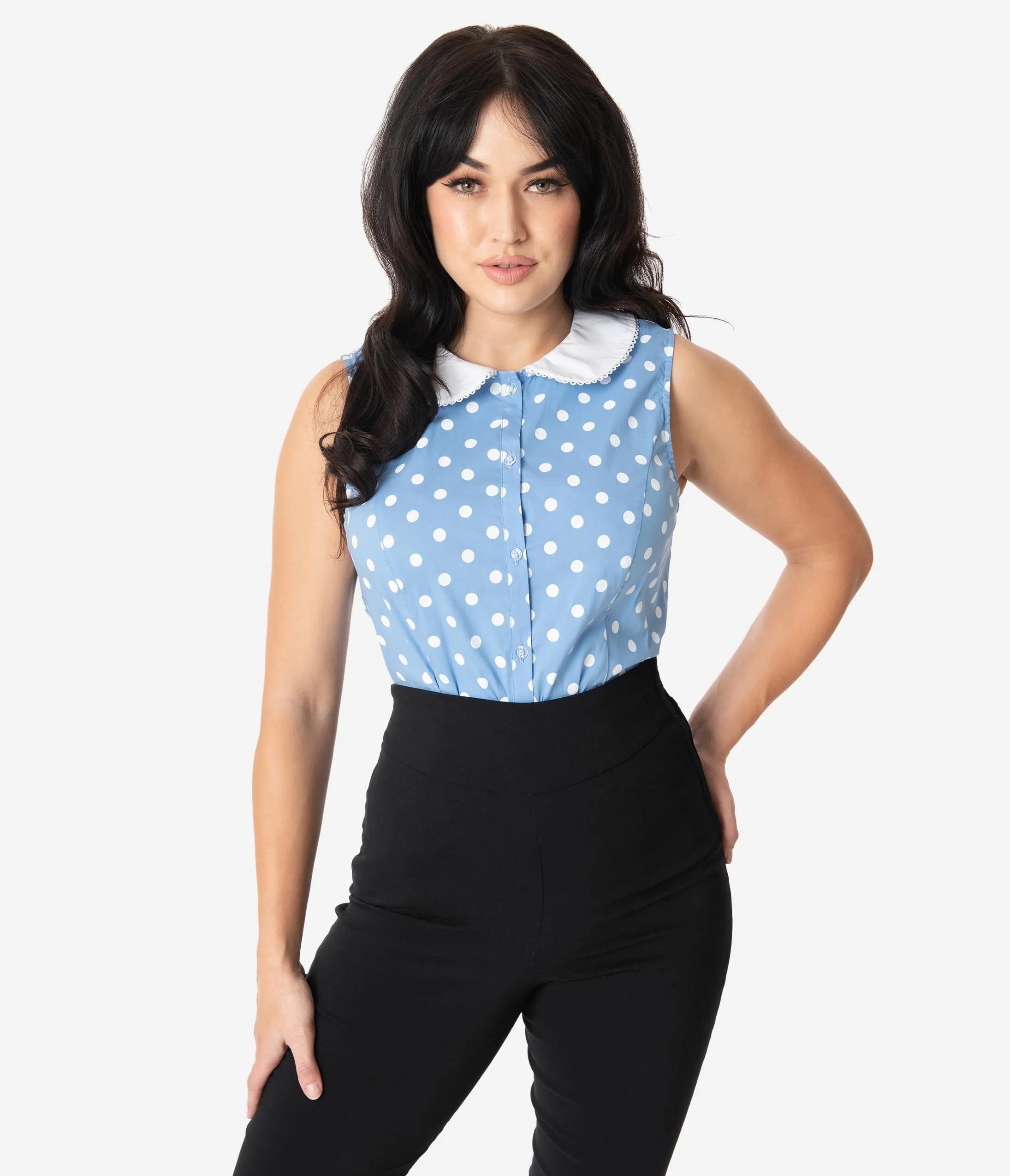 Unique Vintage Light Blue & White Polka Dot Tuscadero Top