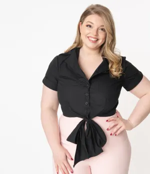 Unique Vintage Plus Size Black Button Up Bow Shirley Crop Top