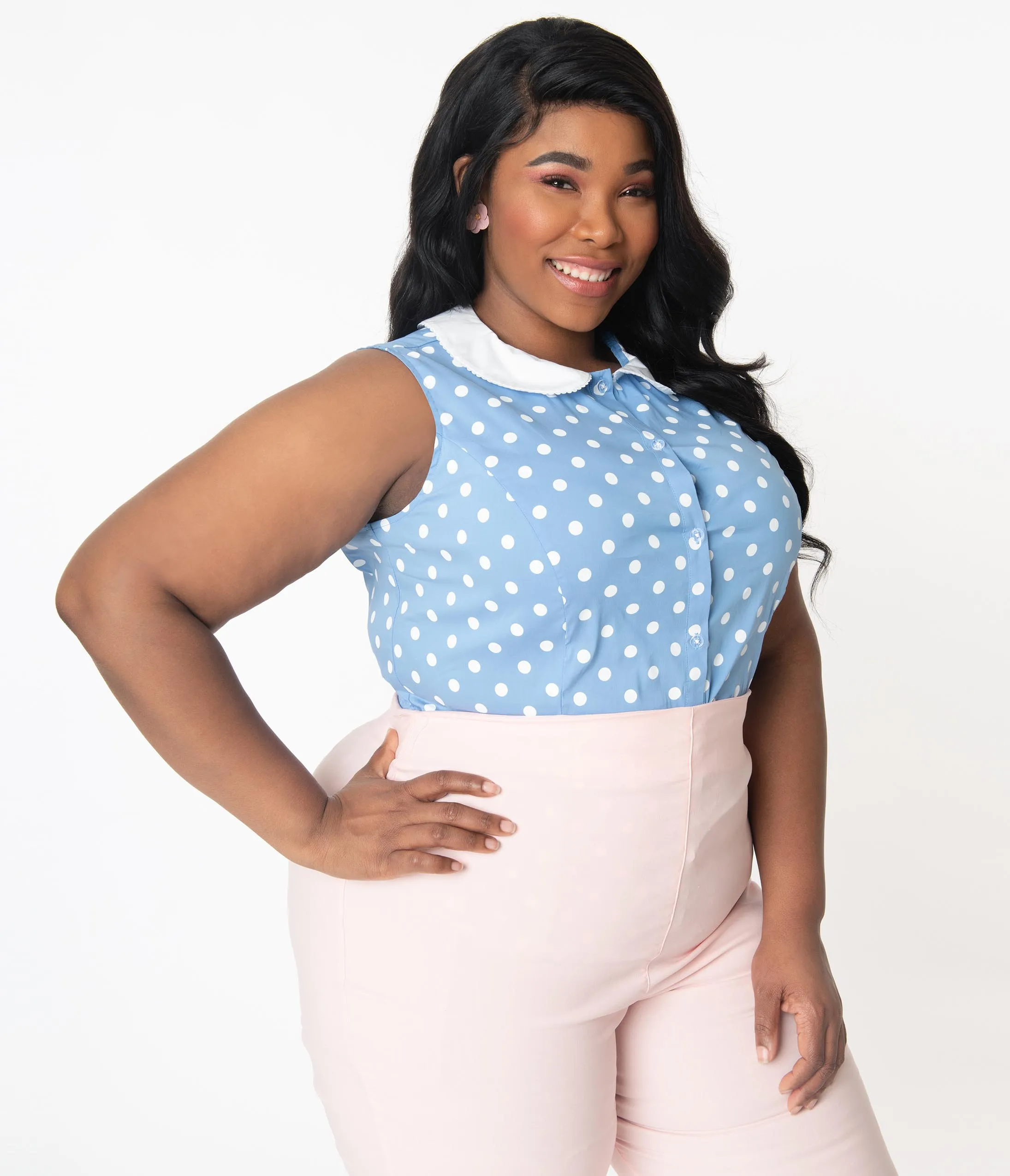 Unique Vintage Plus Size Light Blue & White Polka Dot Tuscadero Top