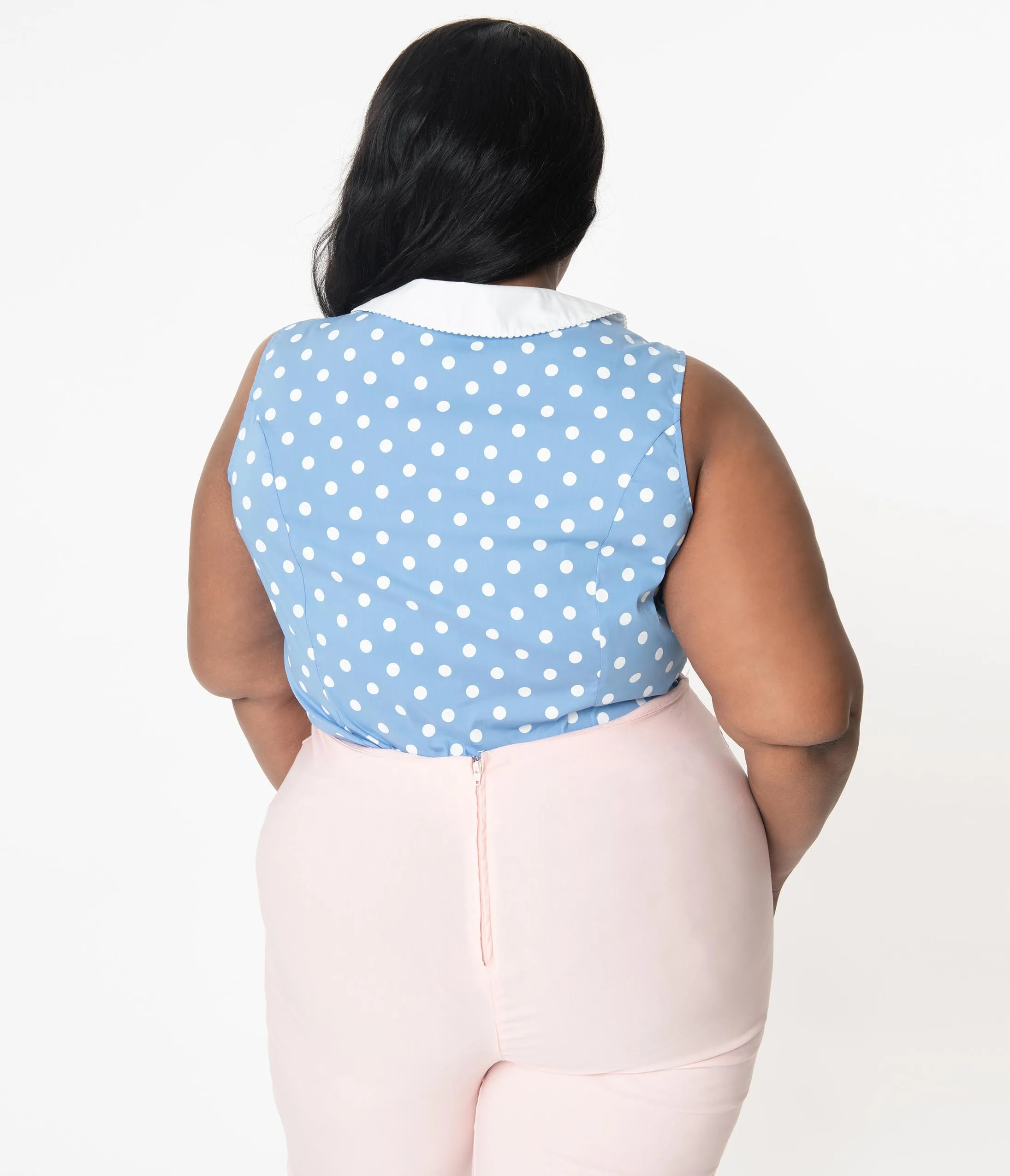 Unique Vintage Plus Size Light Blue & White Polka Dot Tuscadero Top