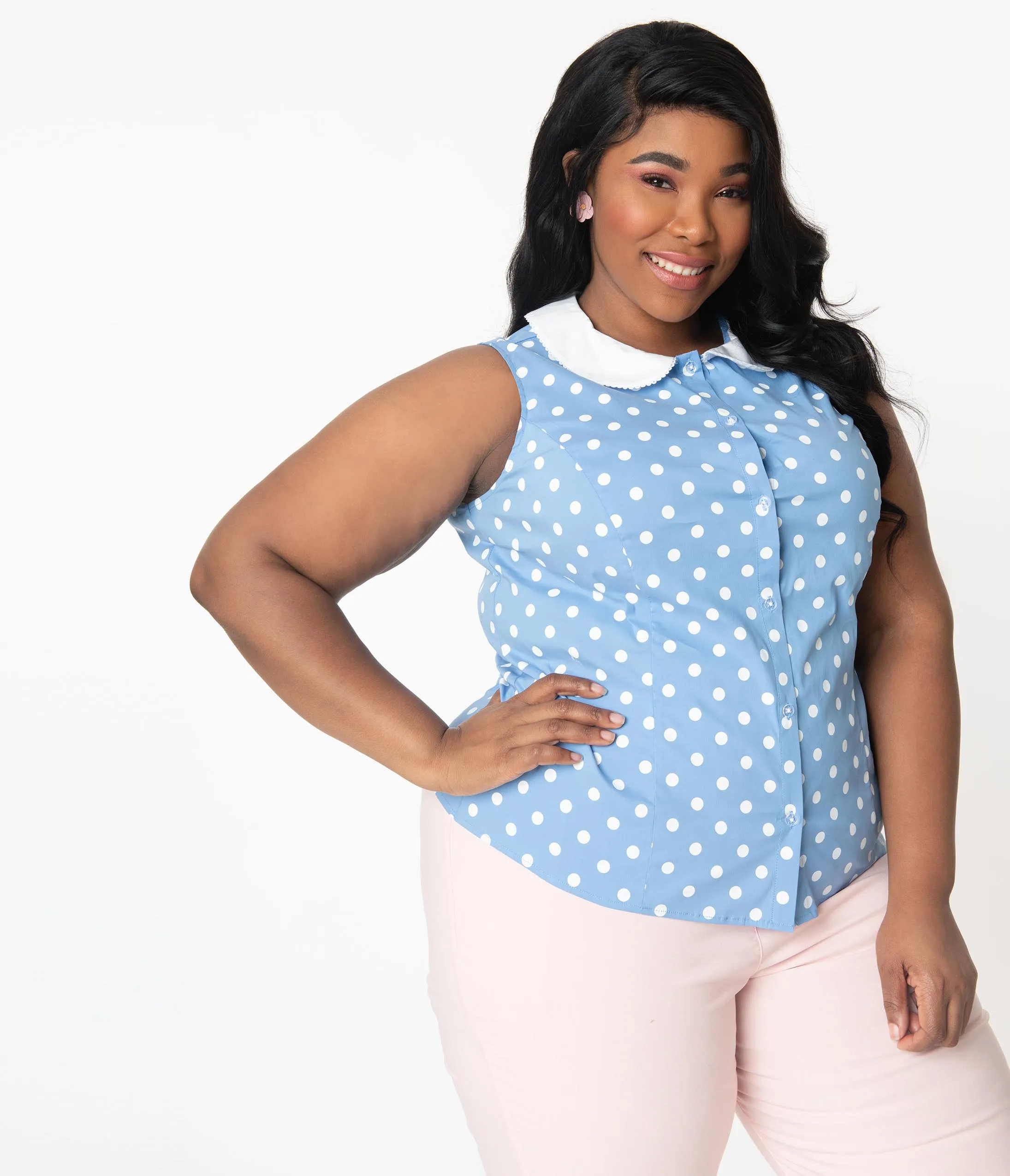 Unique Vintage Plus Size Light Blue & White Polka Dot Tuscadero Top