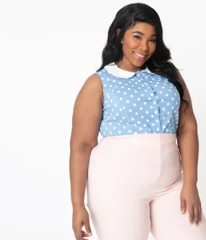 Unique Vintage Plus Size Light Blue & White Polka Dot Tuscadero Top