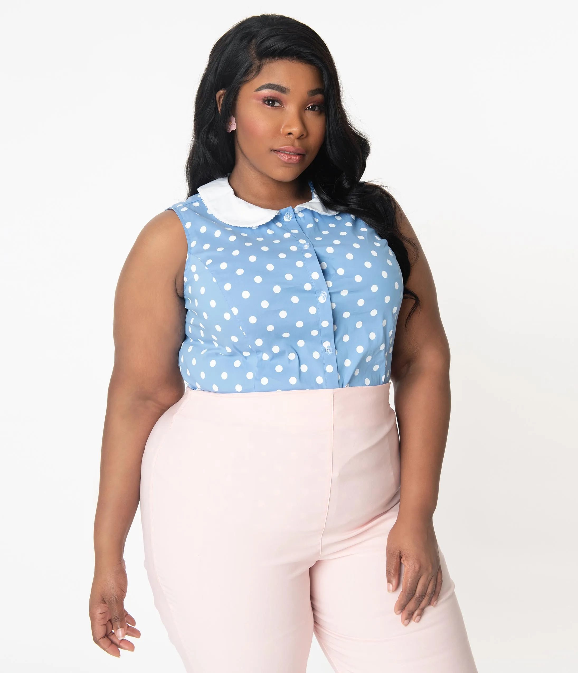 Unique Vintage Plus Size Light Blue & White Polka Dot Tuscadero Top