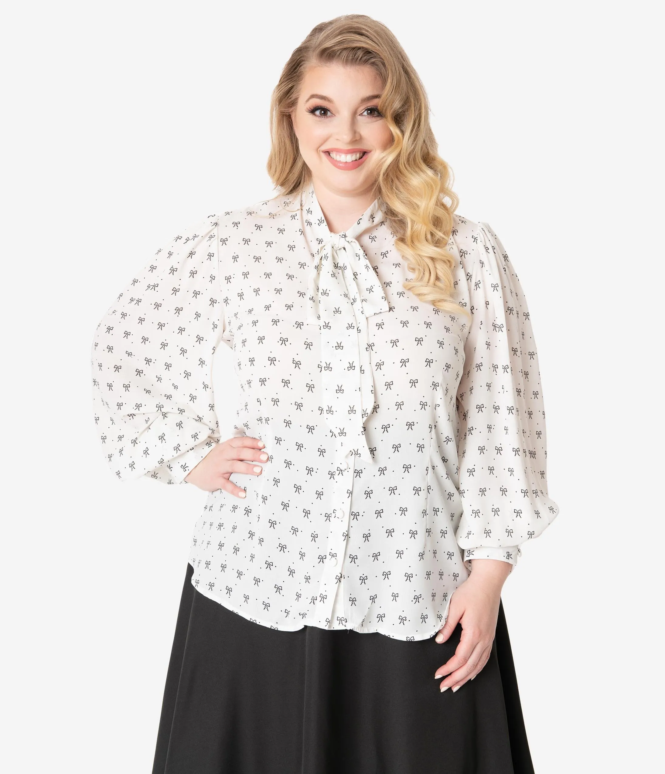 Unique Vintage Plus Size White & Black Bow Print Gwen Blouse