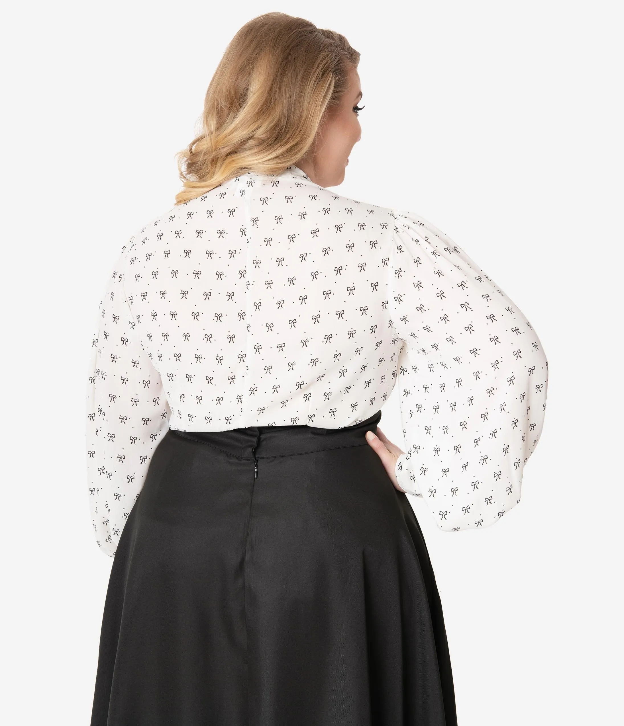 Unique Vintage Plus Size White & Black Bow Print Gwen Blouse