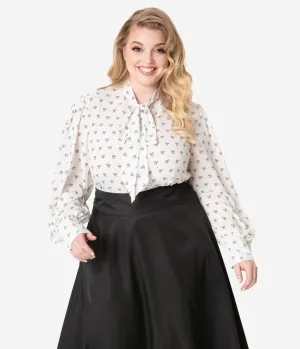 Unique Vintage Plus Size White & Black Bow Print Gwen Blouse