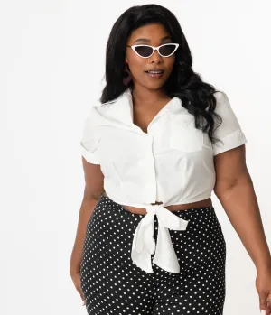 Unique Vintage Plus Size White Button Up Bow Shirley Crop Top