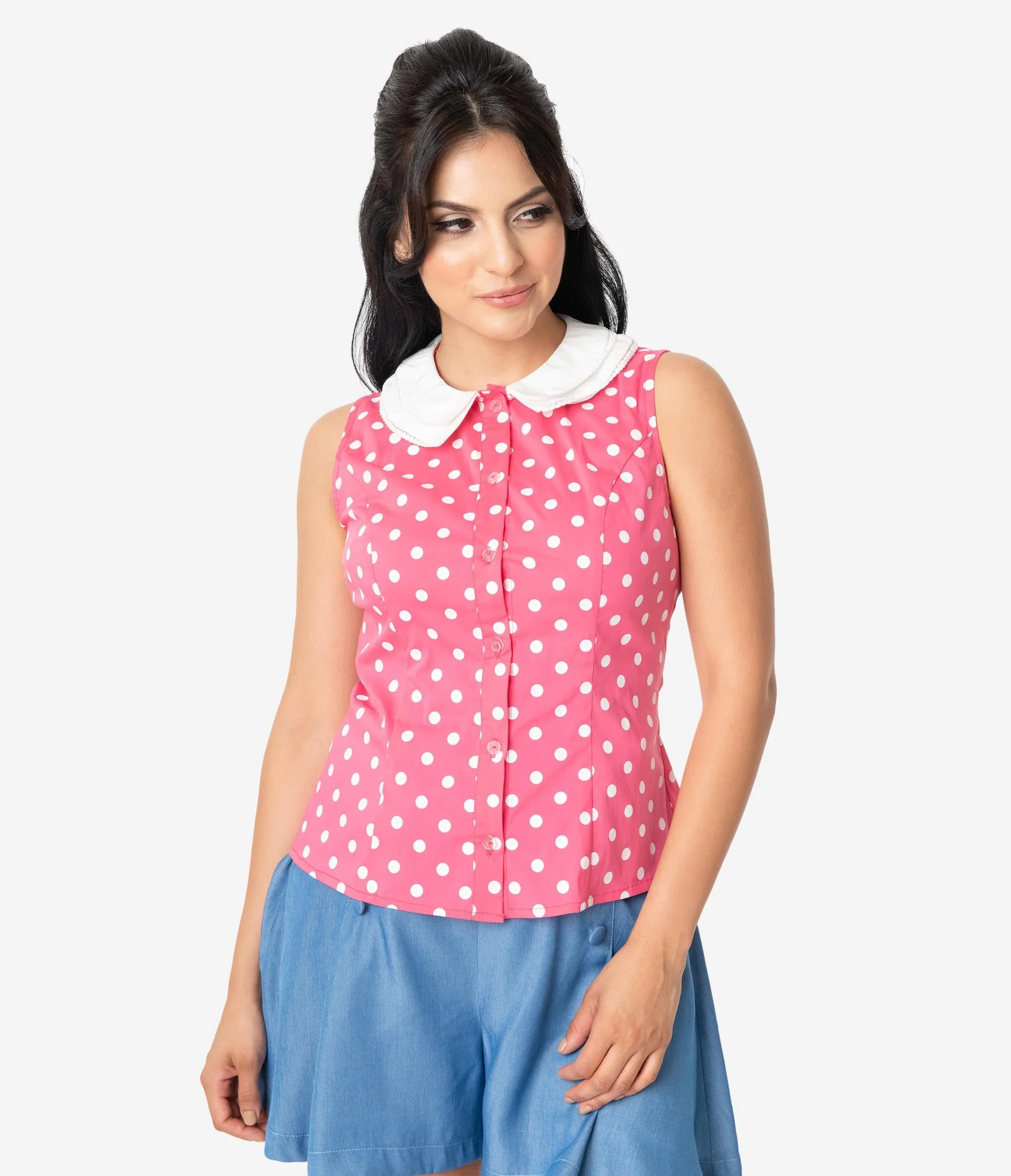 Unique Vintage Watermelon & White Polka Dot Sleeveless Tuscadero Top