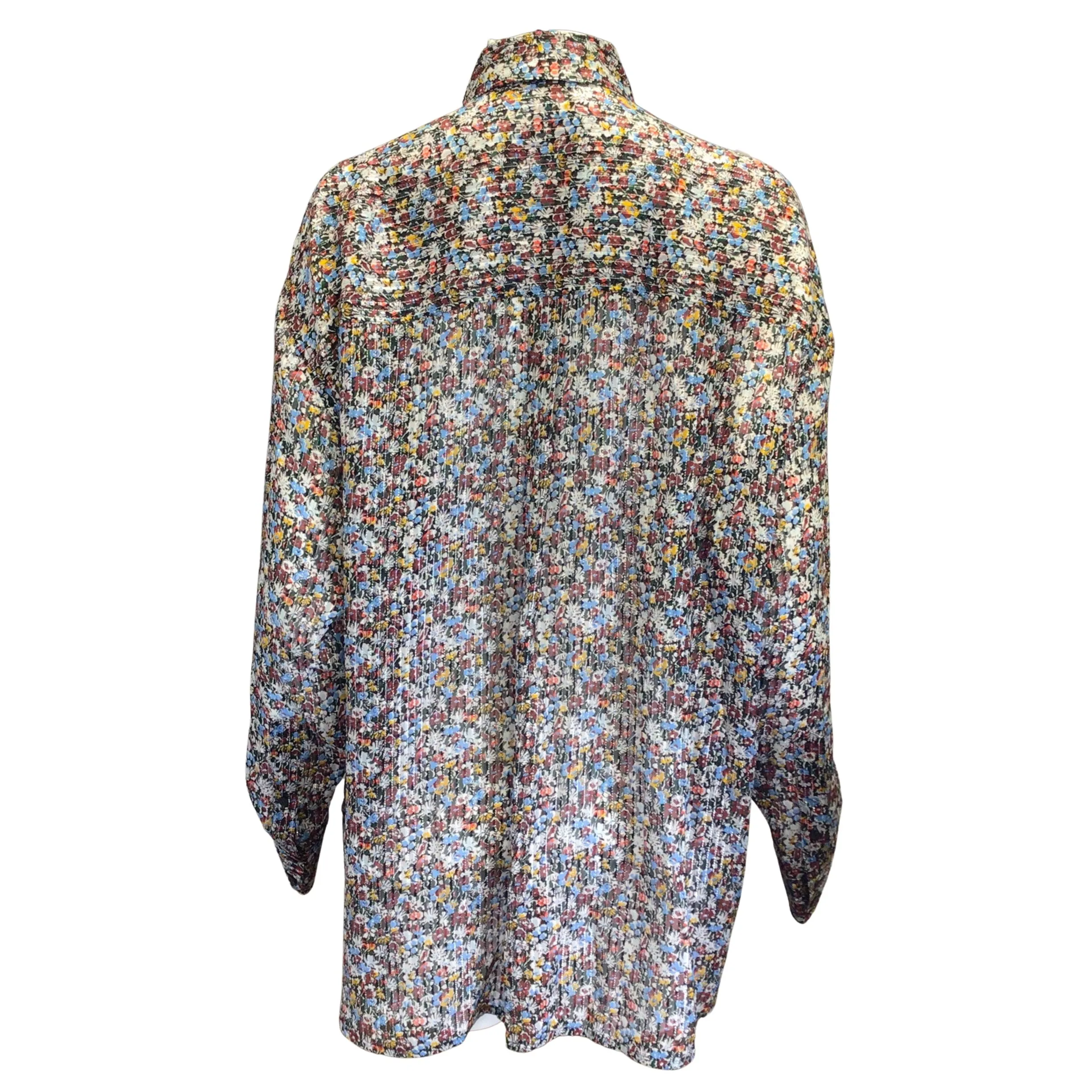 Victoria Beckham Black / Manchester Blue Multi Floral Lurex Stripe Oversized Silk Shirt