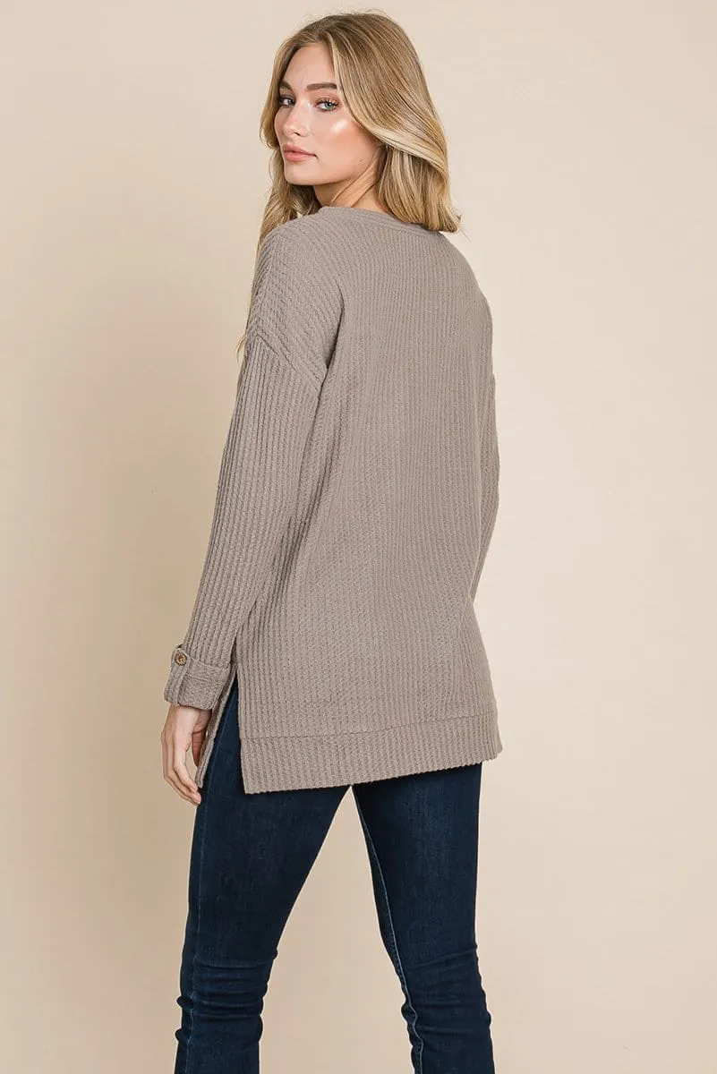 Waffle Brushed V Neck Knit Henley Sweater Sweatshirts