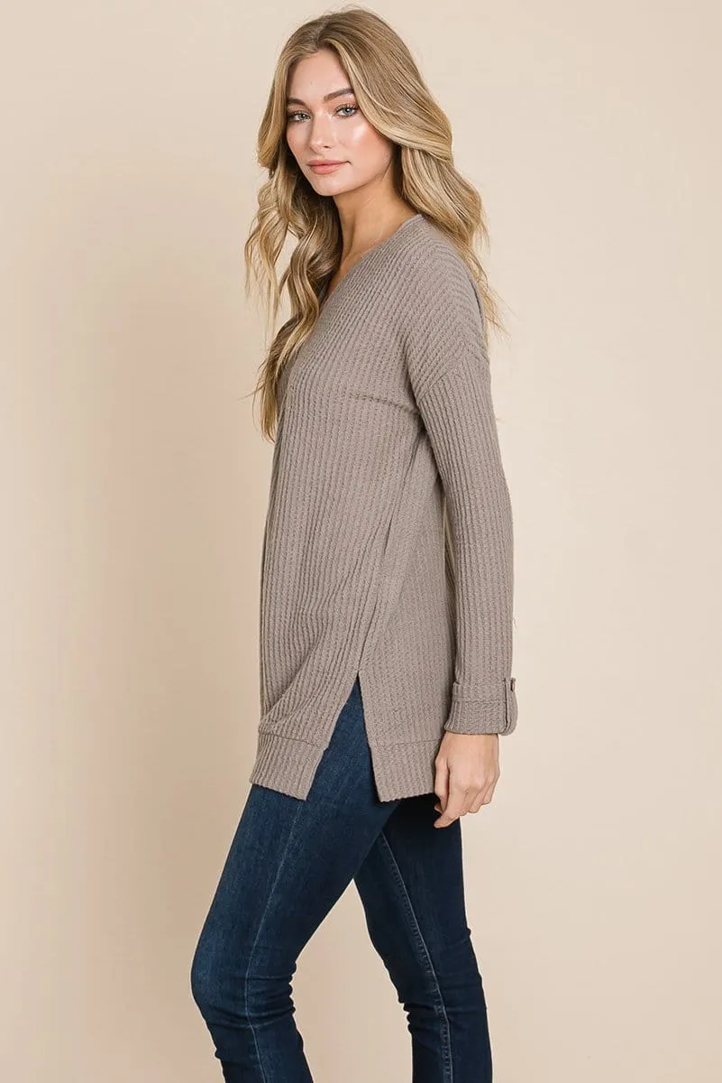 Waffle Brushed V Neck Knit Henley Sweater Sweatshirts