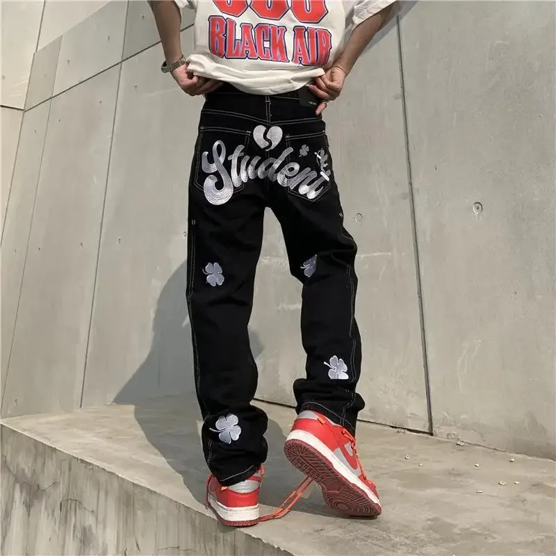 Wiaofellas Spring and autumn large embroidery jeans women retro jeans high street casual letters couple overalls loose jeans