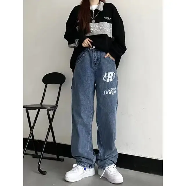 Wiaofellas Spring and autumn large embroidery jeans women retro jeans high street casual letters couple overalls loose jeans