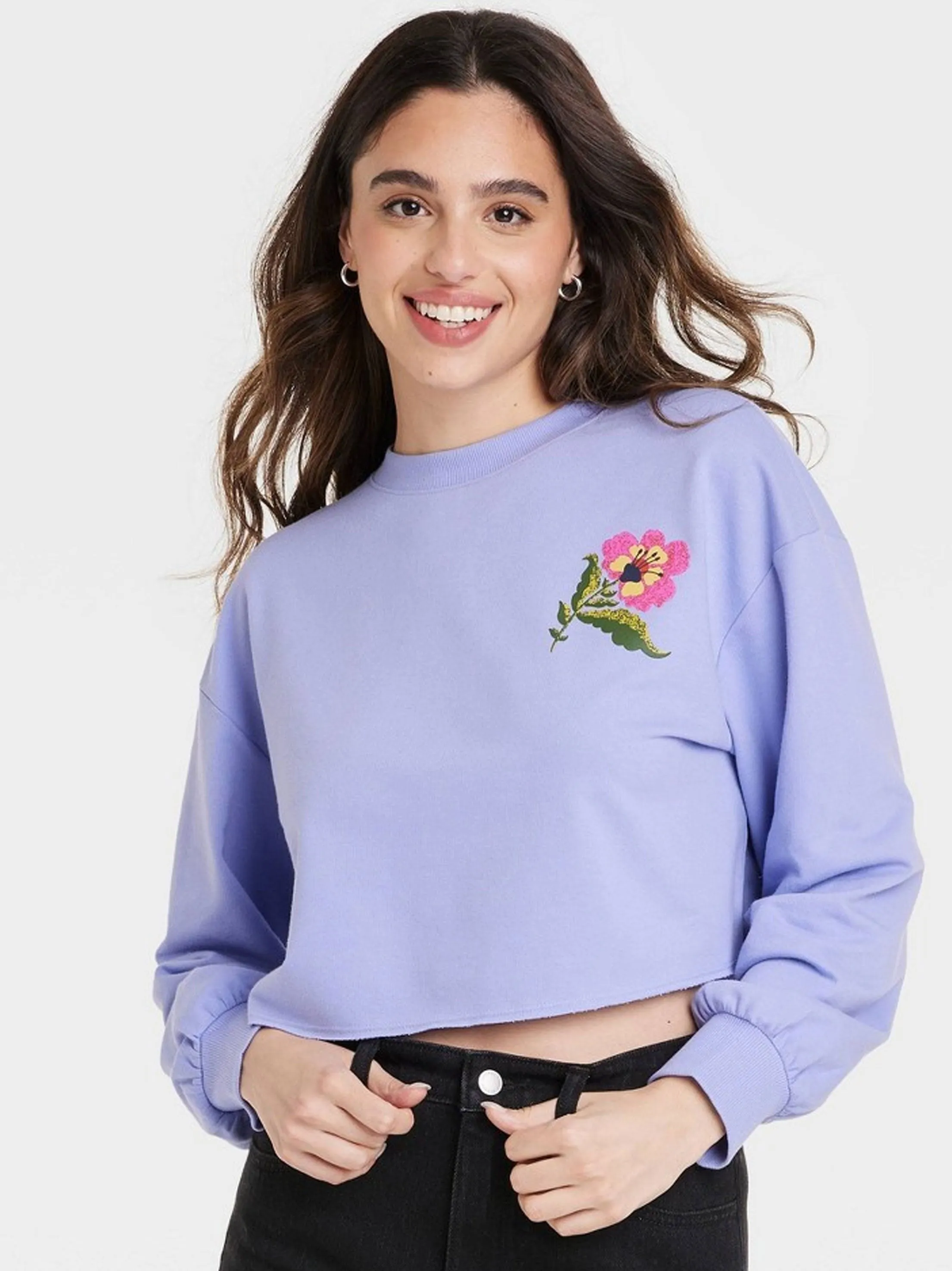 Women's Graphic Printed Cropped Sweatshirt,Light Purple