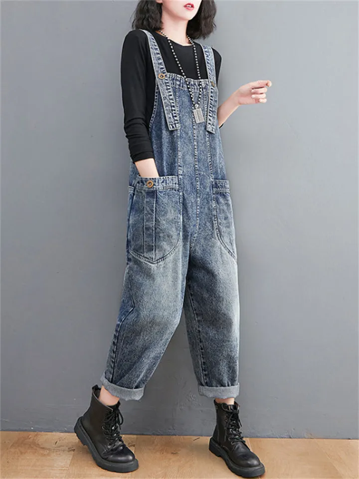 Women's Retro Large Size Jumpsuits Loose Casual Denim Overalls