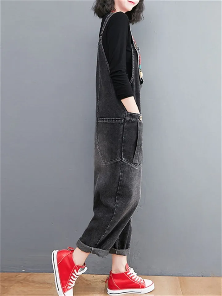 Women's Retro Large Size Jumpsuits Loose Casual Denim Overalls